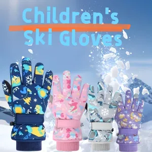 1 Pair Kids Ski Gloves, Cartoon Cotton-Lined Warm Gloves for Boys and Girls, Windproof Winter Gloves for Snow Sports, Dry Clean Only, Mixed Color, Woven Polyester Fabric