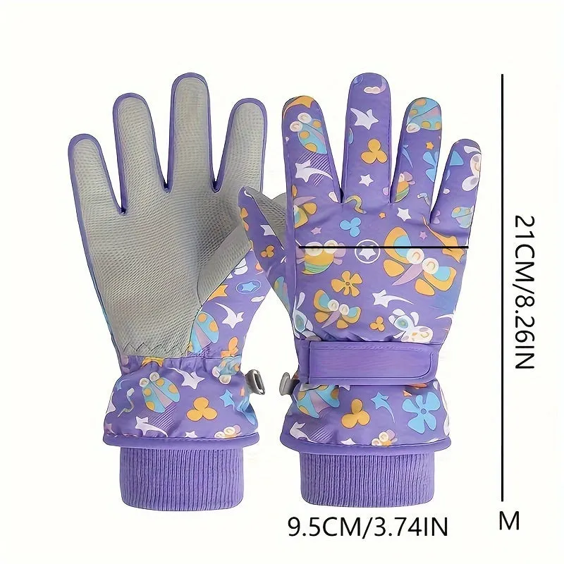 1 Pair Kids Ski Gloves, Cartoon Cotton-Lined Warm Gloves for Boys and Girls, Windproof Winter Gloves for Snow Sports, Dry Clean Only, Mixed Color, Woven Polyester Fabric