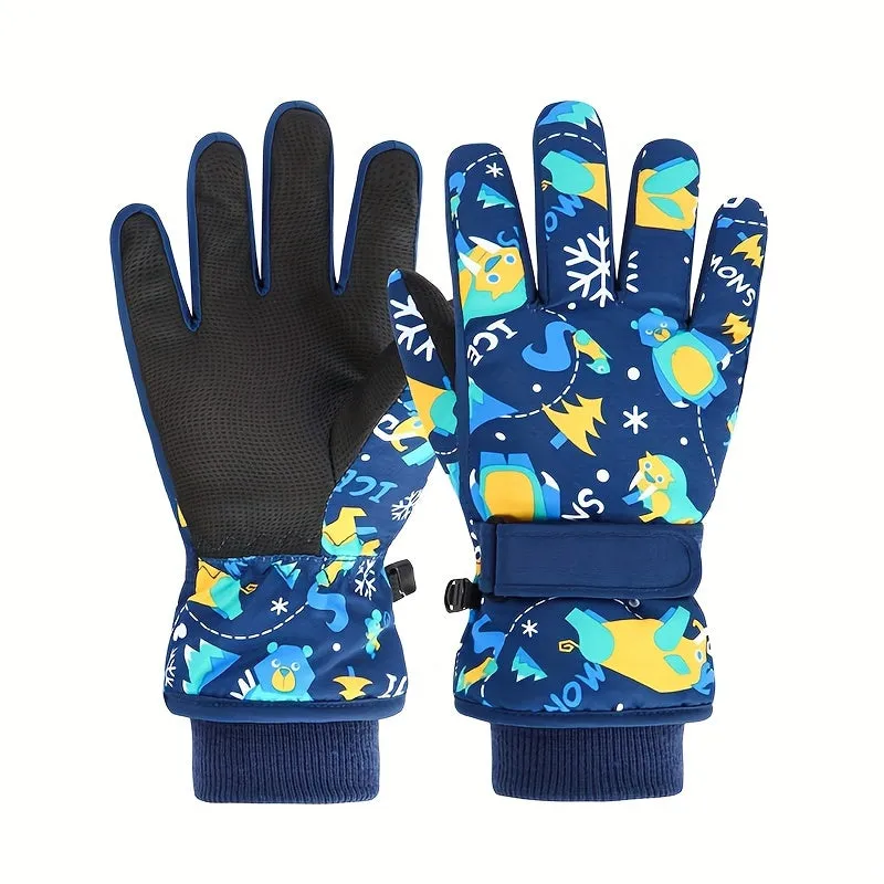 1 Pair Kids Ski Gloves, Cartoon Cotton-Lined Warm Gloves for Boys and Girls, Windproof Winter Gloves for Snow Sports, Dry Clean Only, Mixed Color, Woven Polyester Fabric