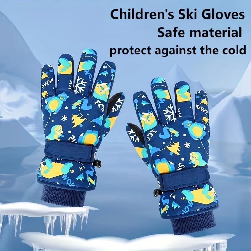 1 Pair Kids Ski Gloves, Cartoon Cotton-Lined Warm Gloves for Boys and Girls, Windproof Winter Gloves for Snow Sports, Dry Clean Only, Mixed Color, Woven Polyester Fabric