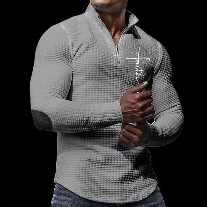 3D Waffle Men's Polo Shirt with Zip Detail - Black & White Streetwear Polo for Fall & Winter