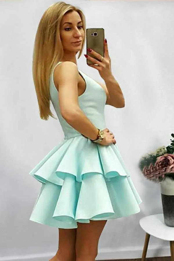 A-Line Halter Short Sleeveless Mint Satin Homecoming Dress with Ruffles PD085