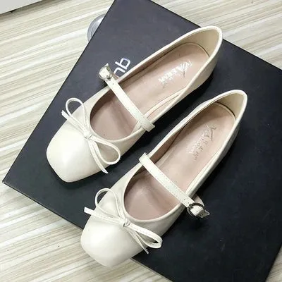 Advbridge  Women Flats with Bowknot Mary Jane Basic Simple Style Square Head Beige White Flat Shoes Women All Match Mocasines Mujer 42 43