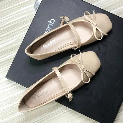 Advbridge  Women Flats with Bowknot Mary Jane Basic Simple Style Square Head Beige White Flat Shoes Women All Match Mocasines Mujer 42 43