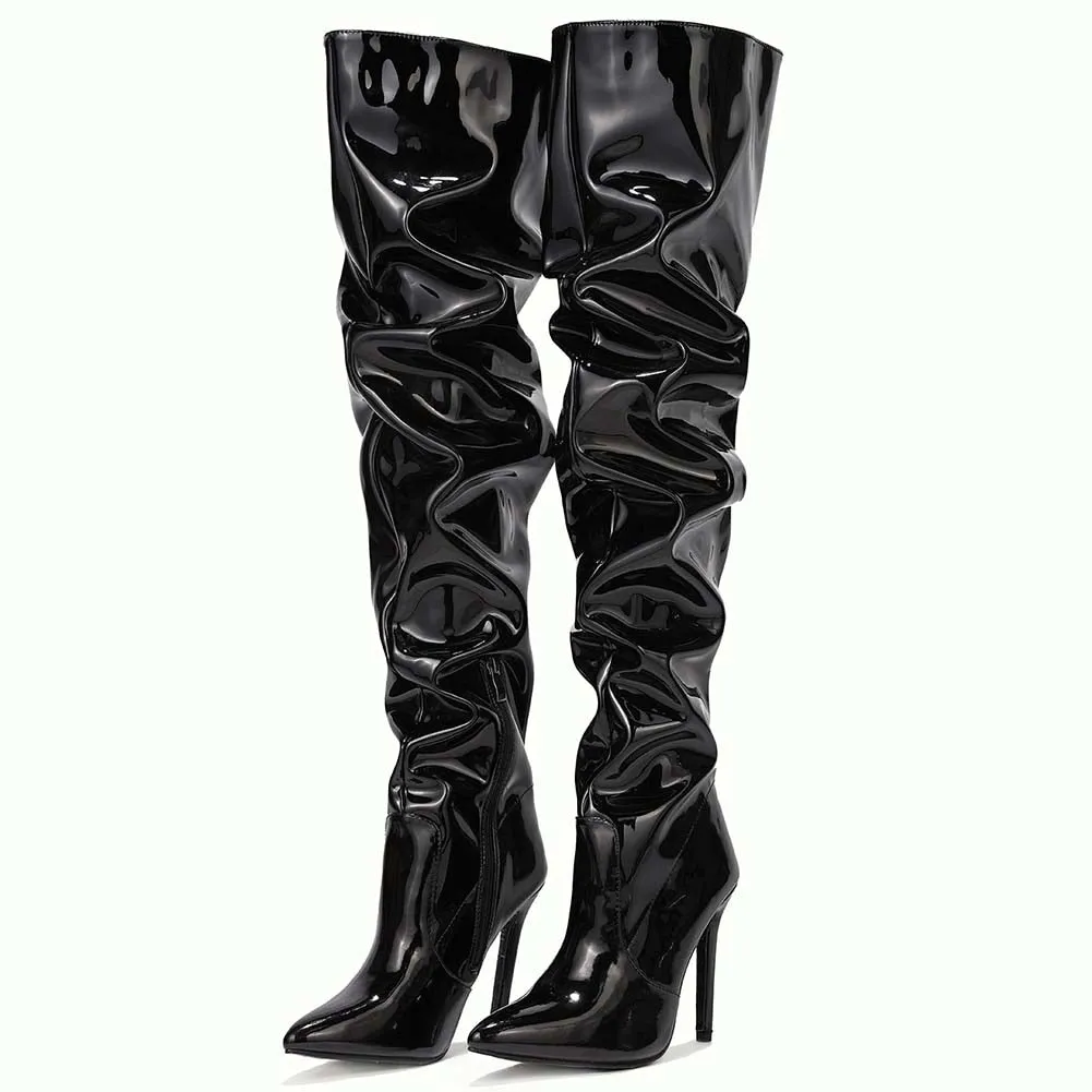 Amozae--Christmas Gift  New Shoes Mature Black Women Over The Knee Boots Pleated Pu Patent Leather Thin High Heels Female Thigh Boots