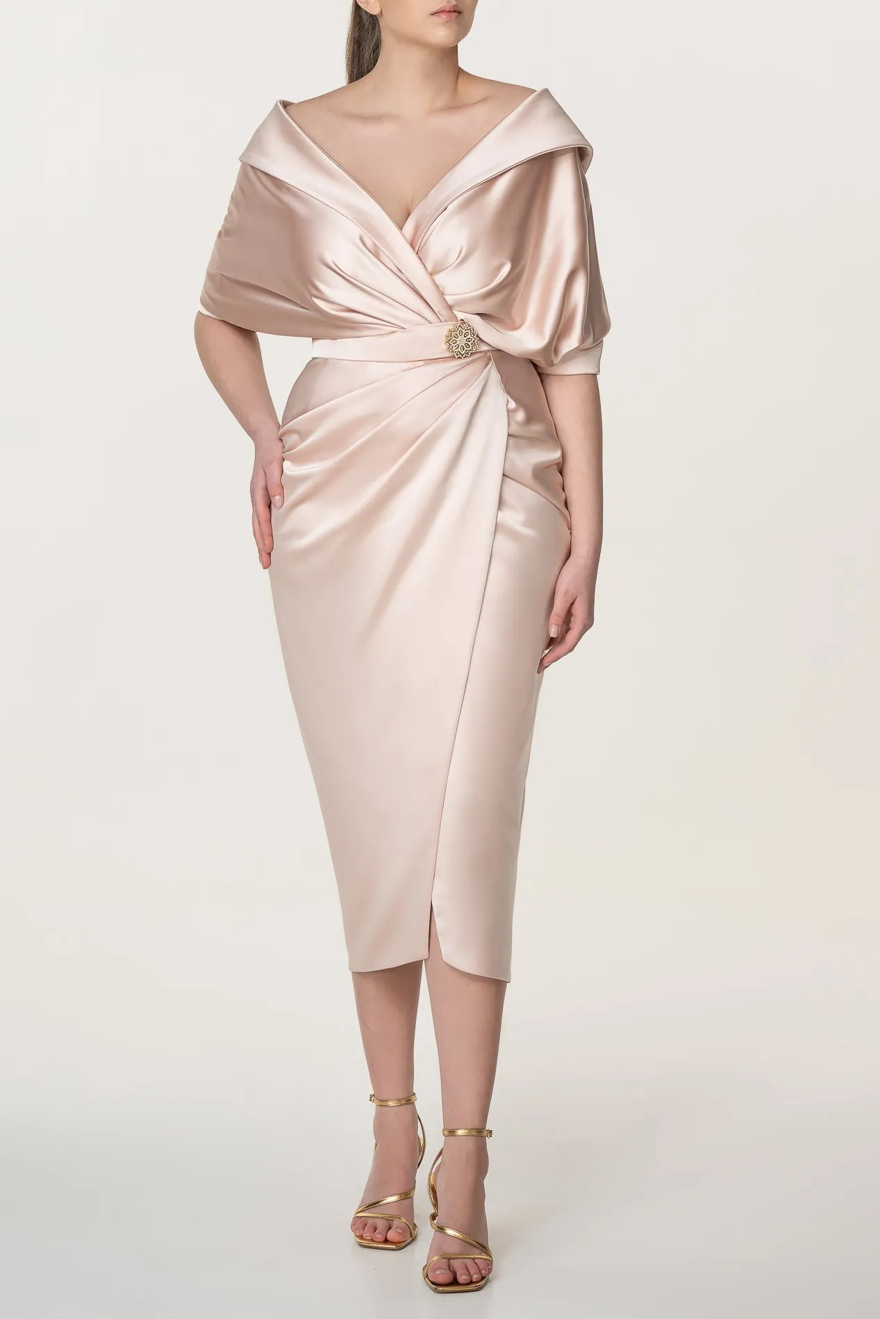 Angelina Satin Midi Dress in Powder