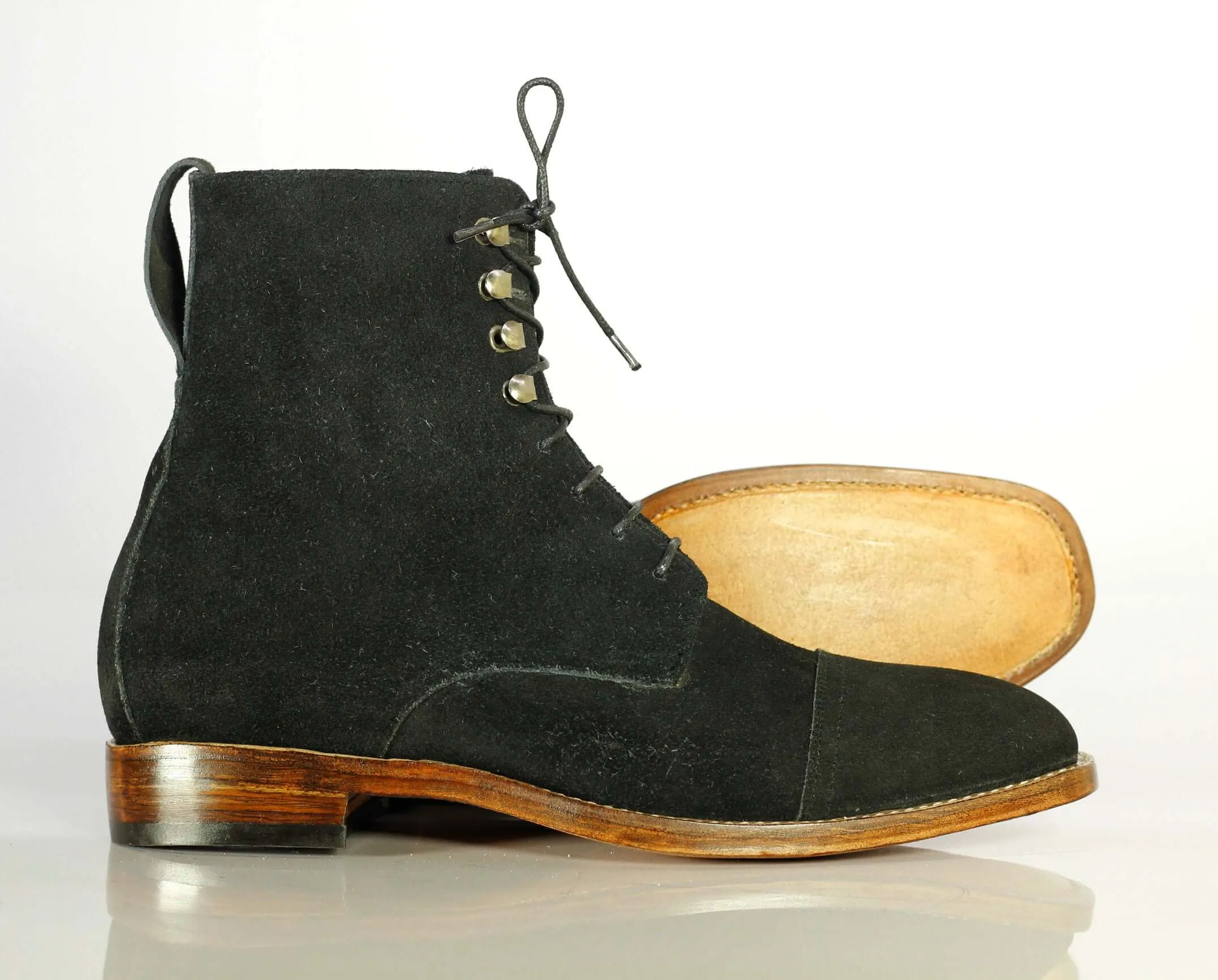 Ankle High Black Cap Toe Lace Up Suede Boots