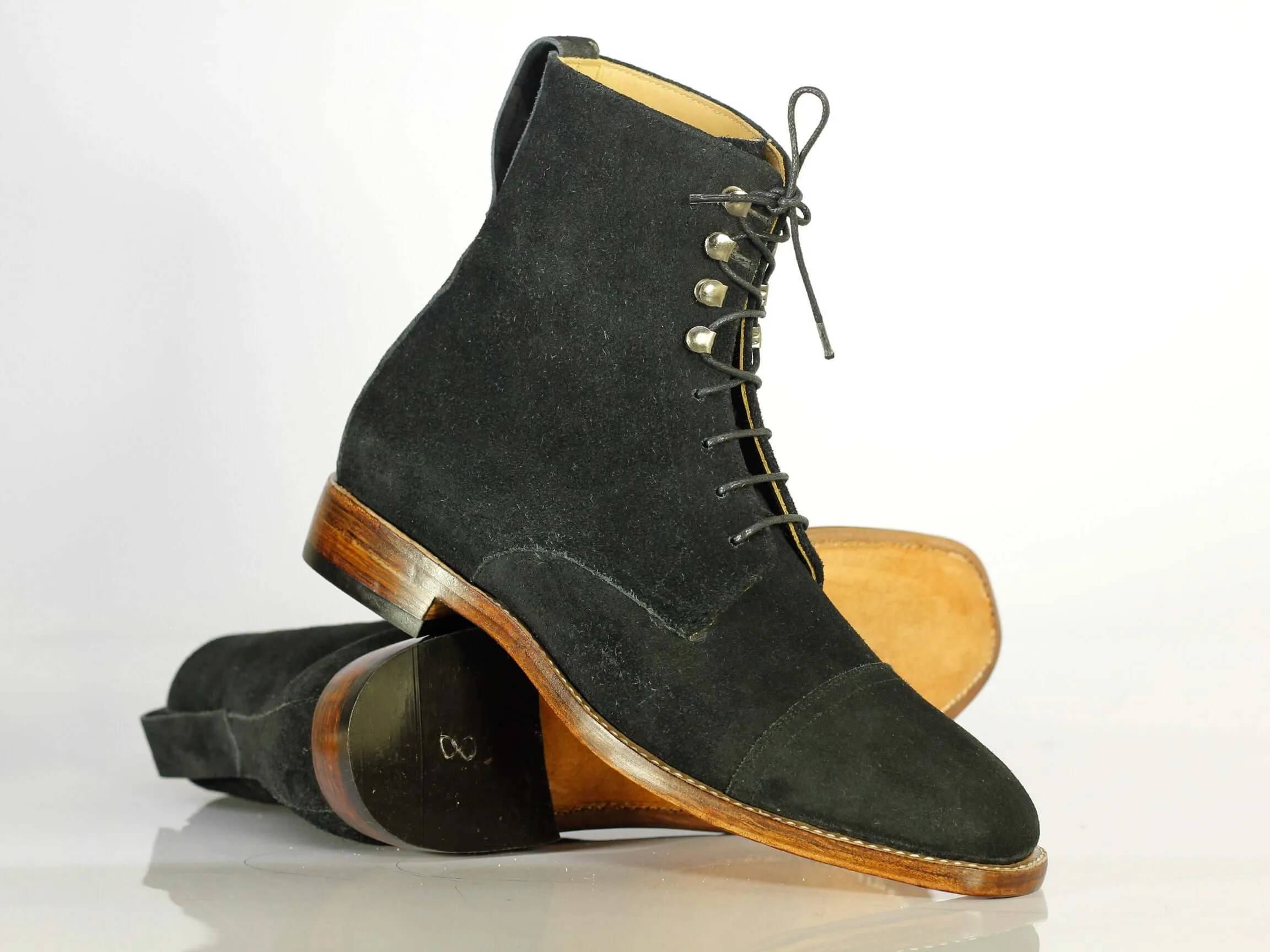 Ankle High Black Cap Toe Lace Up Suede Boots