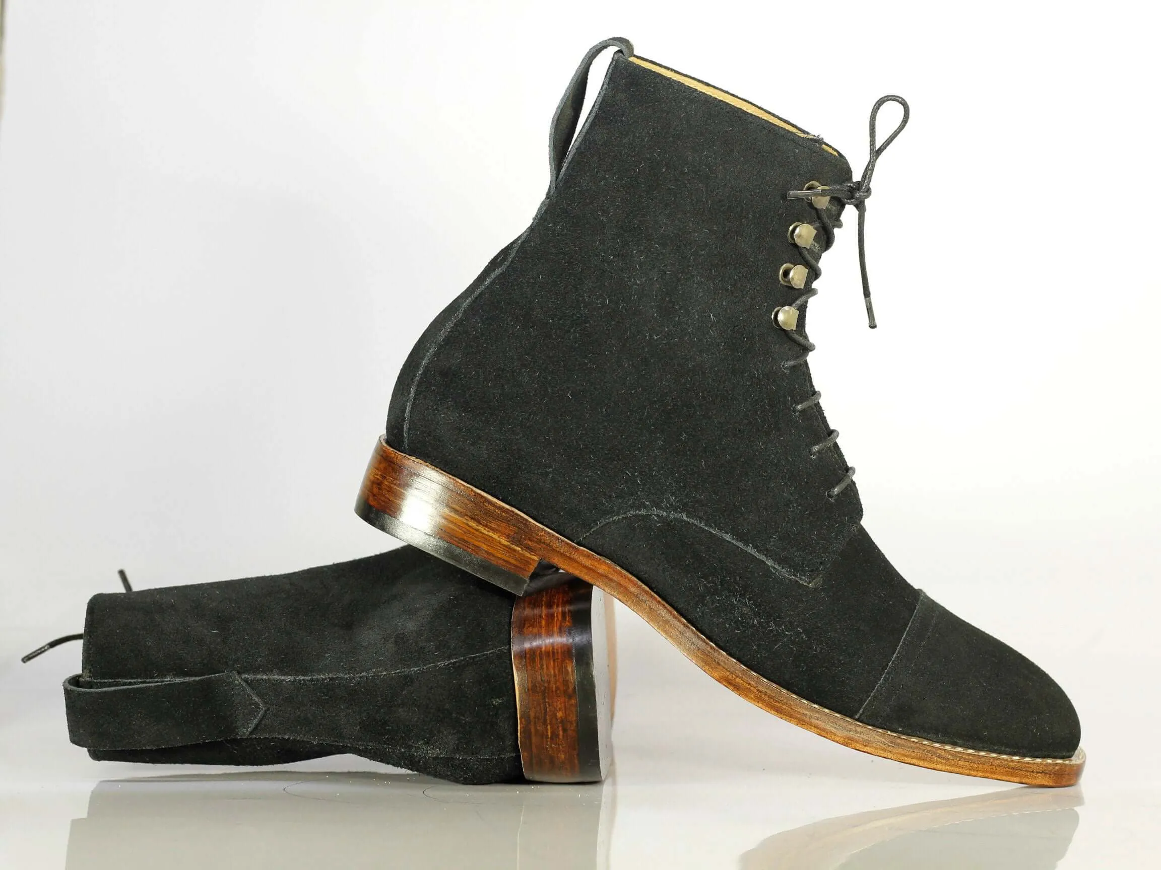 Ankle High Black Cap Toe Lace Up Suede Boots