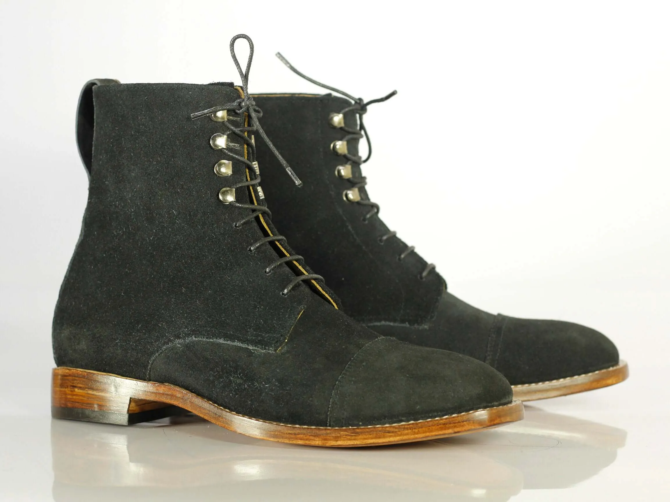 Ankle High Black Cap Toe Lace Up Suede Boots