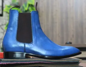 Ankle High Handmade Blue Chelssea Leather Boot, Men's Boot, Classic Boot