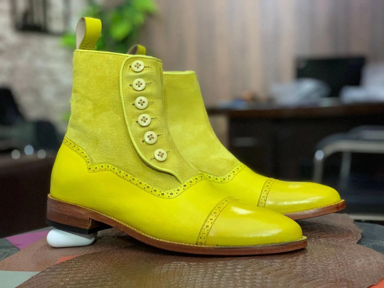 Ankle High Handmade  Men's Classic Yellow Leather Suede Boot ,Cap Toe Style Boot