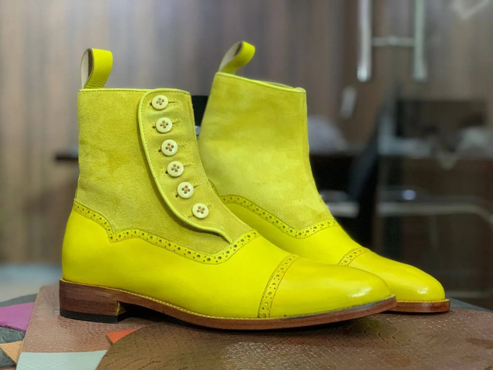 Ankle High Handmade  Men's Classic Yellow Leather Suede Boot ,Cap Toe Style Boot