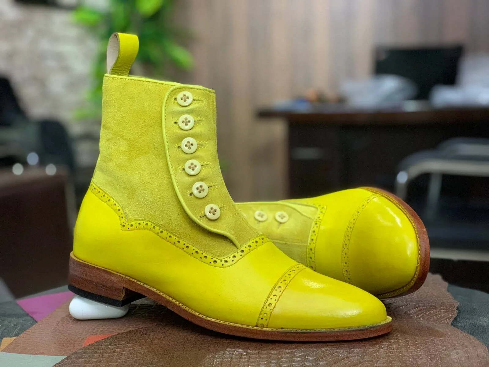 Ankle High Handmade  Men's Classic Yellow Leather Suede Boot ,Cap Toe Style Boot