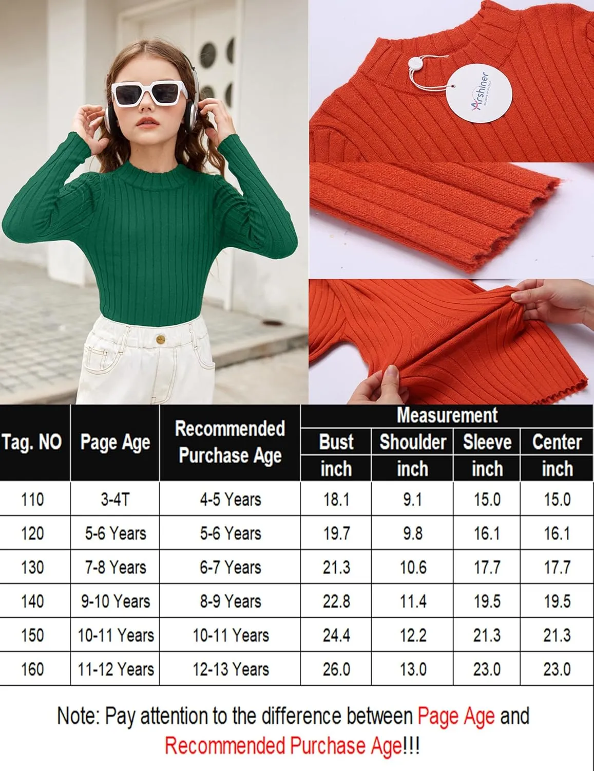 Arshiner Girls Shirts Half Turtleneck Long Sleeve Knitted Tops