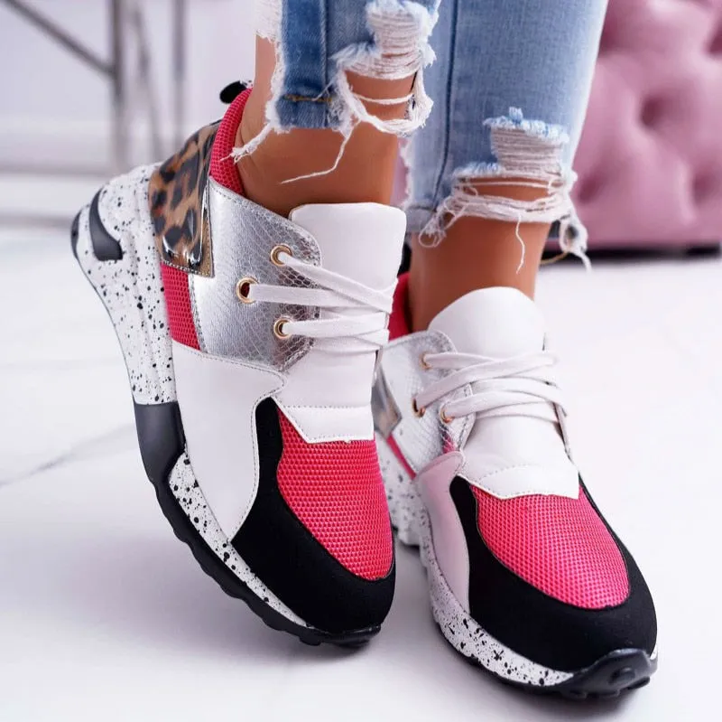 Back to school outfits Sonicelife  Sneakers Women Shoes 2024 Lace-Up Platform Sports Shoes For Ladies Leopard Faux Fur Running Wedges Footwear Zapatillas Mujer