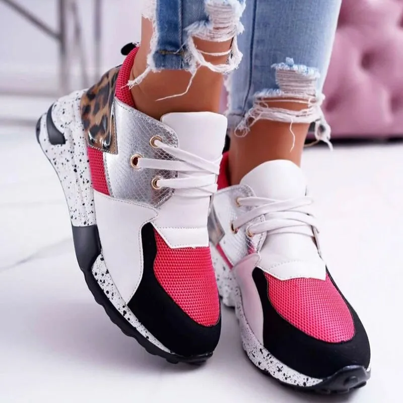 Back to school outfits Sonicelife  Sneakers Women Shoes 2024 Lace-Up Platform Sports Shoes For Ladies Leopard Faux Fur Running Wedges Footwear Zapatillas Mujer