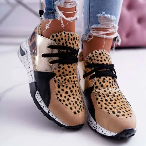 Back to school outfits Sonicelife  Sneakers Women Shoes 2024 Lace-Up Platform Sports Shoes For Ladies Leopard Faux Fur Running Wedges Footwear Zapatillas Mujer