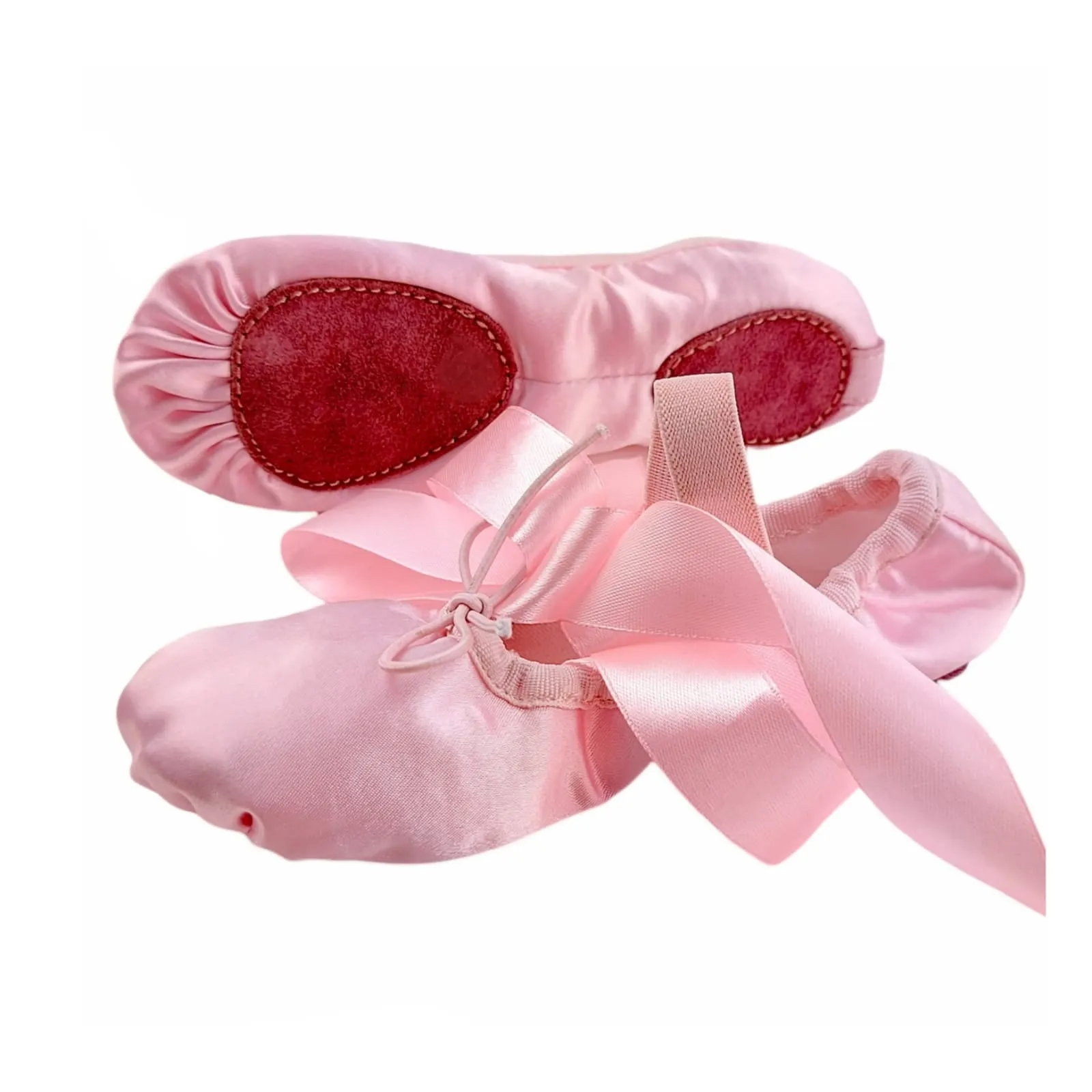 Ballet Shoes with Ribbons Pink Silky Satin with Leather Split Sole