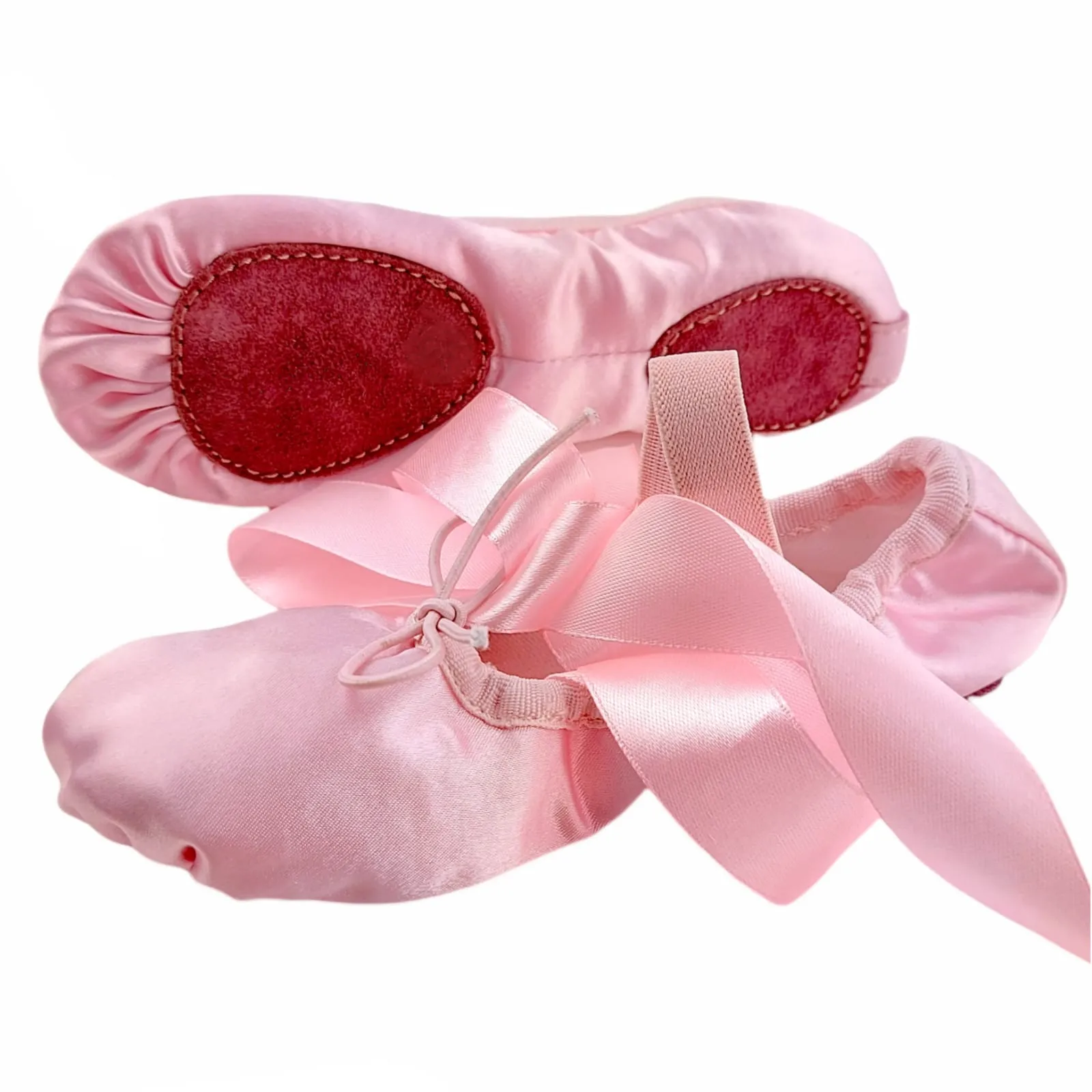 Ballet Shoes with Ribbons Pink Silky Satin with Leather Split Sole