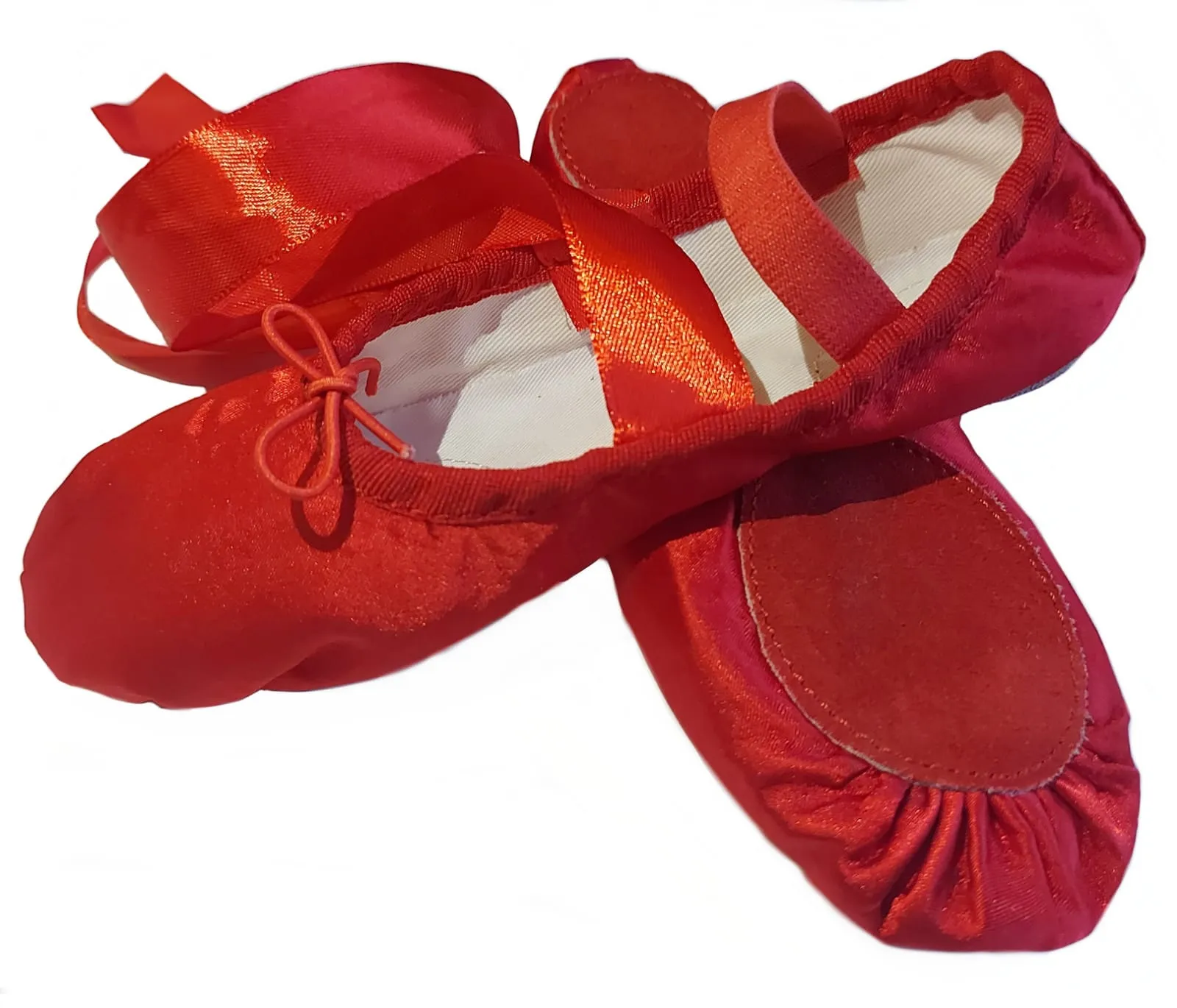 Ballet Shoes with Ribbons, Red Silky Satin with Leather Split Sole