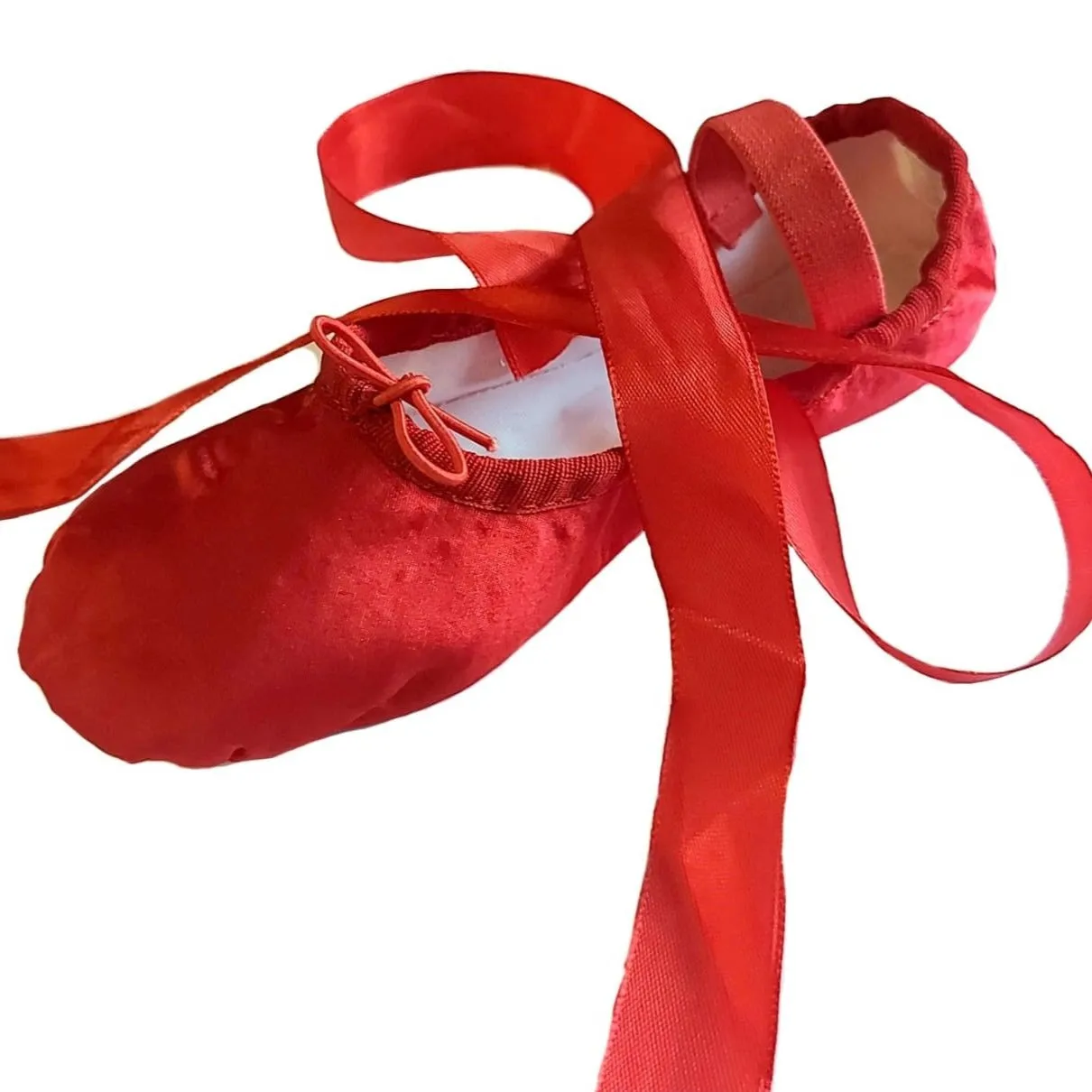 Ballet Shoes with Ribbons, Red Silky Satin with Leather Split Sole