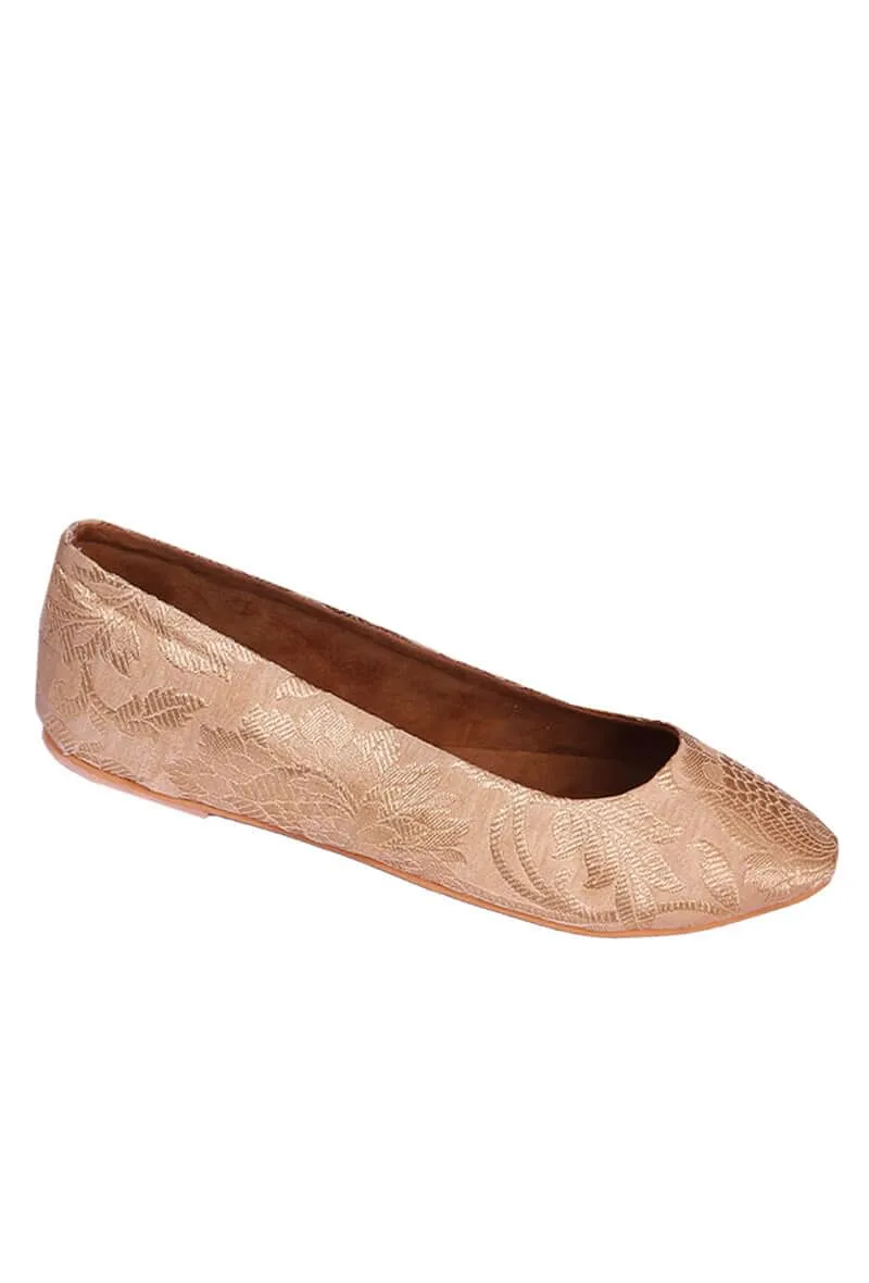 Beige Pointed Toe Brocade Ballerina Flats