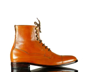 Bespoke Men's Stylish Tan Lace Up Wing tip Ankle Boot,Leather Boot