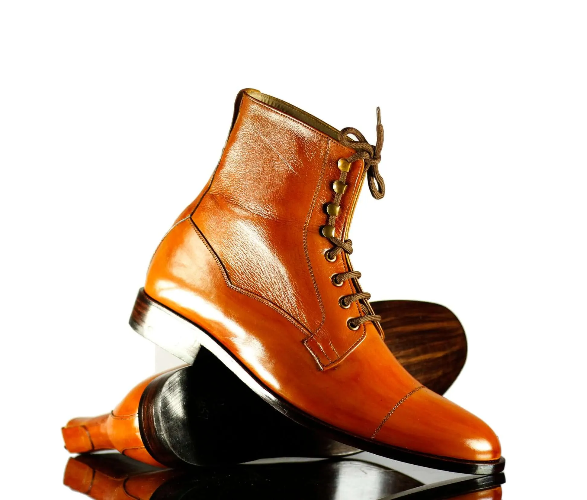 Bespoke Men's Stylish Tan Lace Up Wing tip Ankle Boot,Leather Boot