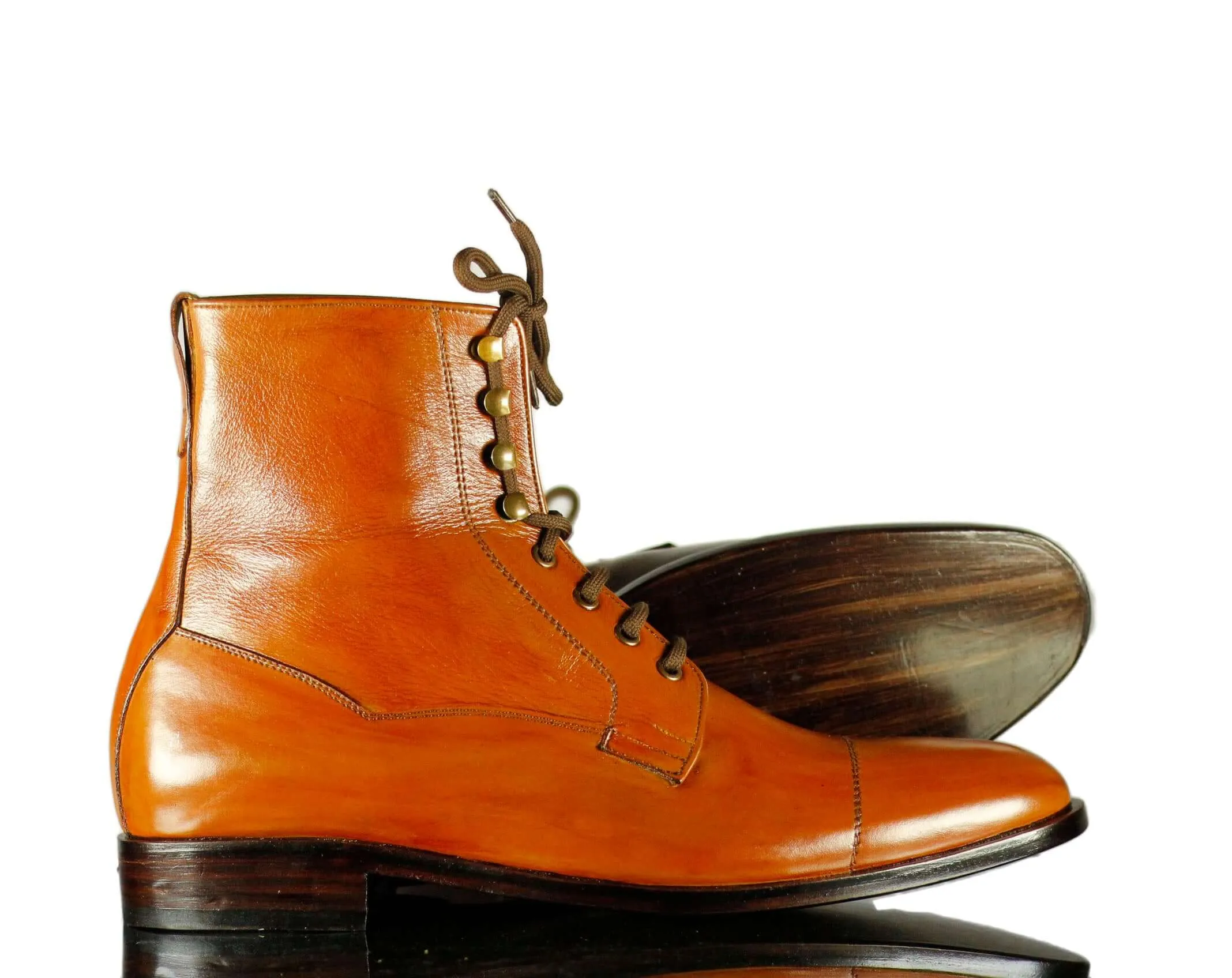 Bespoke Men's Stylish Tan Lace Up Wing tip Ankle Boot,Leather Boot