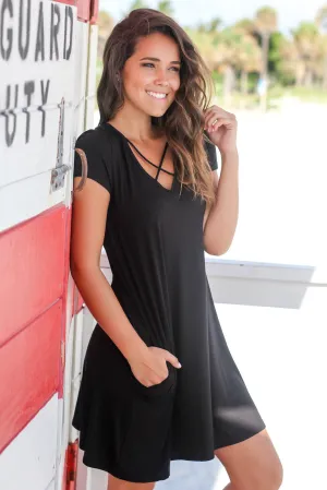 Black Short Sleeve Criss Cross Short Dress