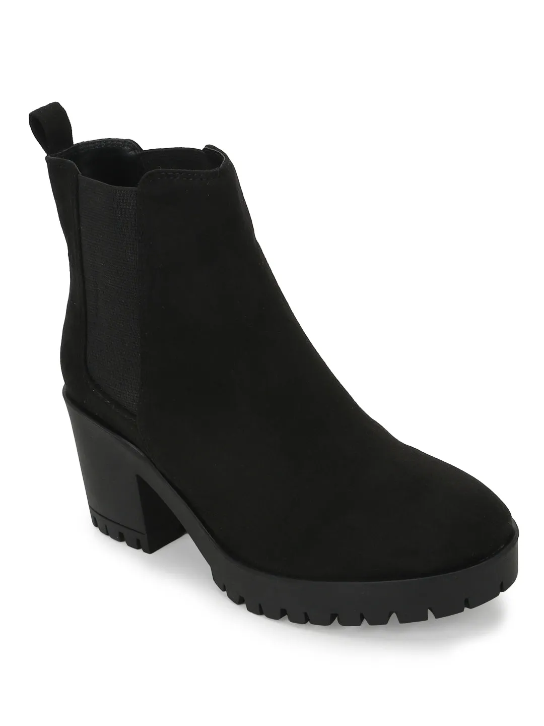 Black Suede Block Heel Slip On Ankle Boots (TC-ST-1201-BLKSUE)