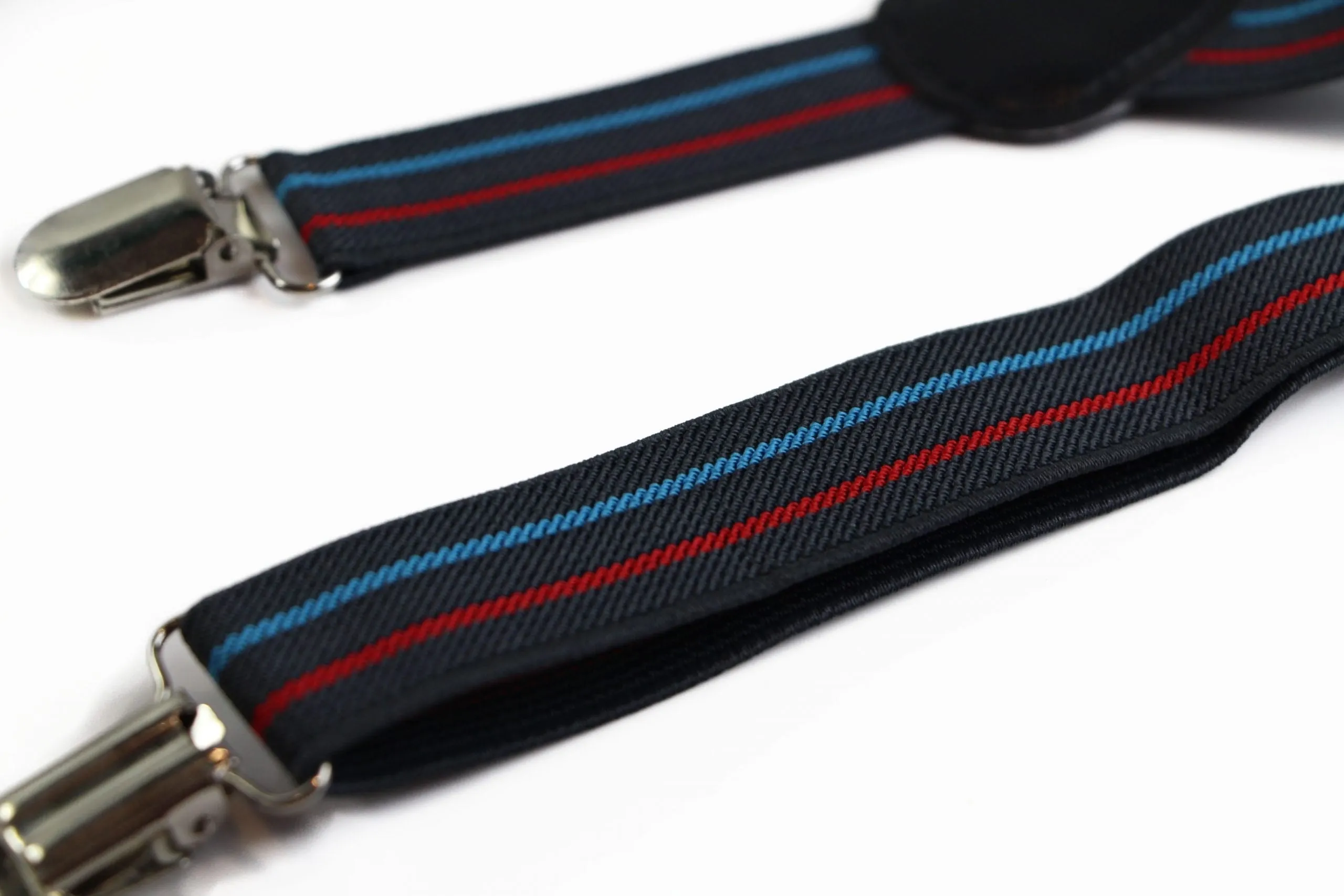 Boys Adjustable Charcoal, Red & Light Blue Striped Patterned Suspenders