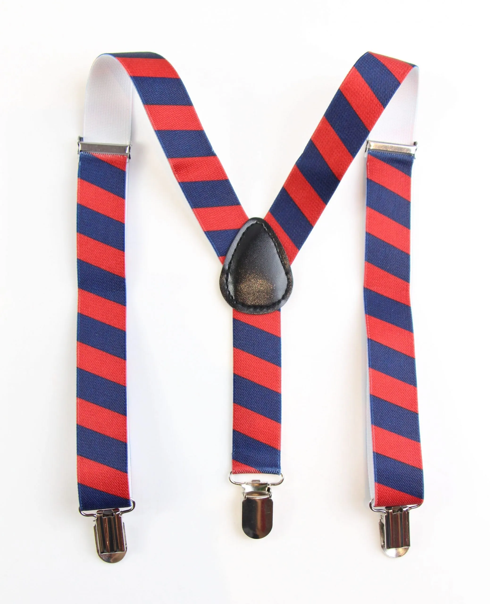 Boys Adjustable Red & Navy Diagonal Striped Patterned Suspenders