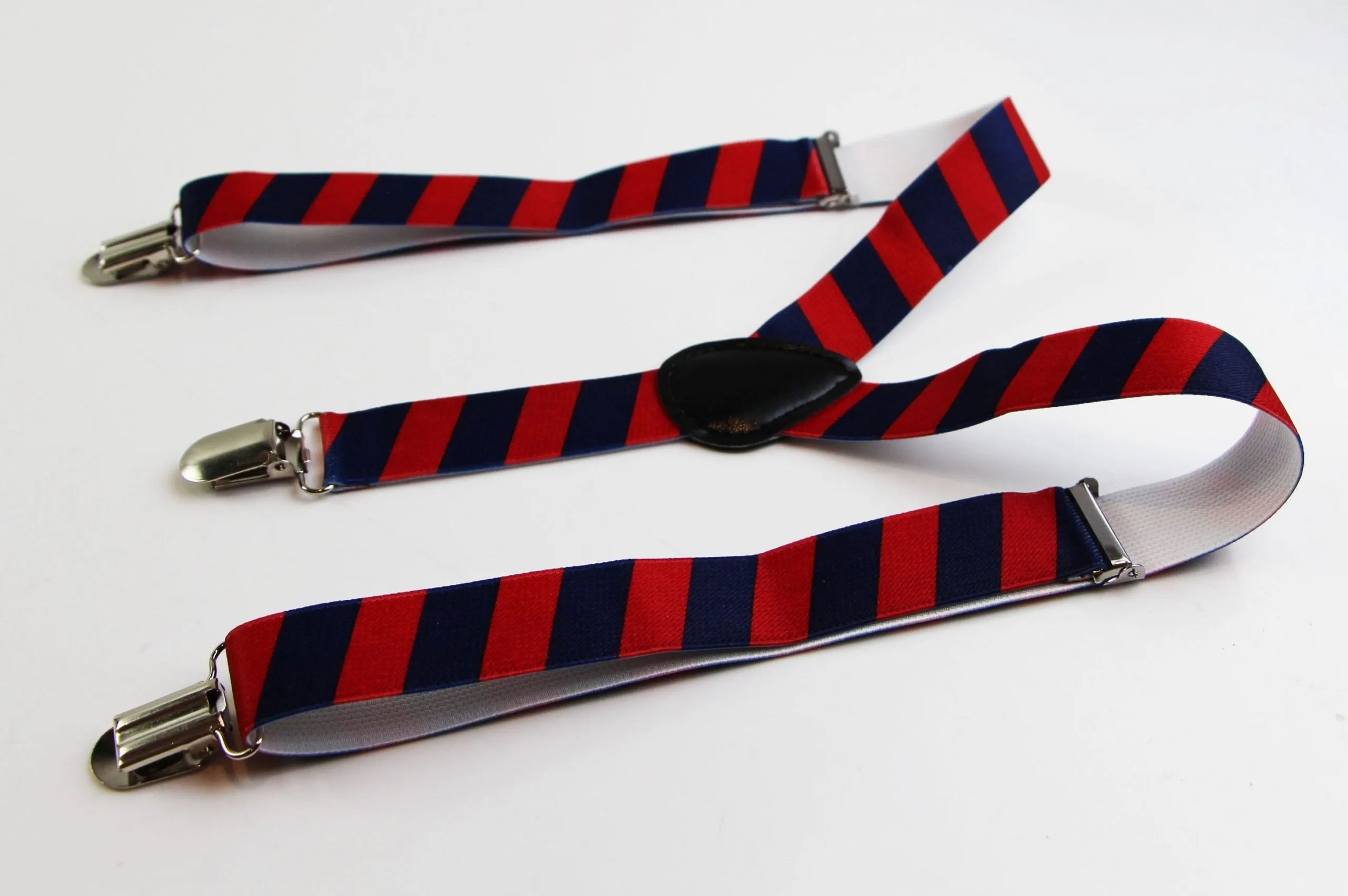 Boys Adjustable Red & Navy Diagonal Striped Patterned Suspenders