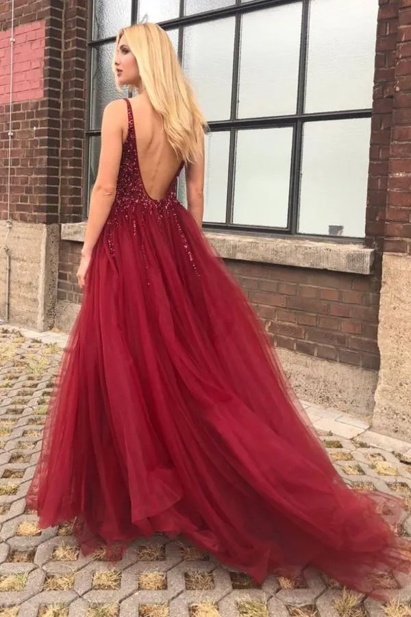 Burgundy Tulle A-line V-neck Open Back Prom/Evening Dresses with Beading PG976