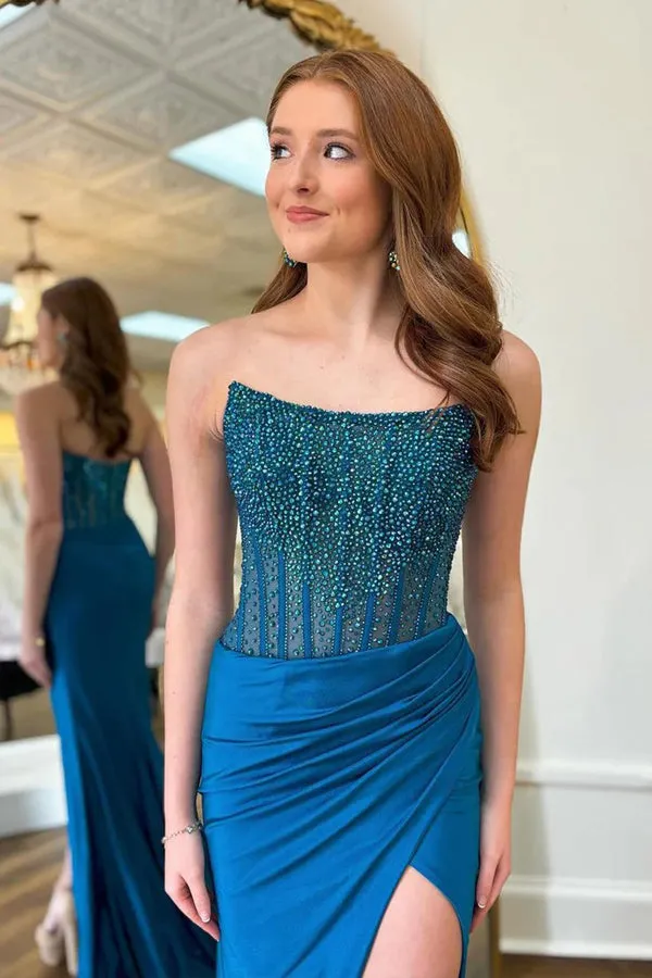 Charming Round Neck Mermaid Blue Prom Dress with Beading PSK606