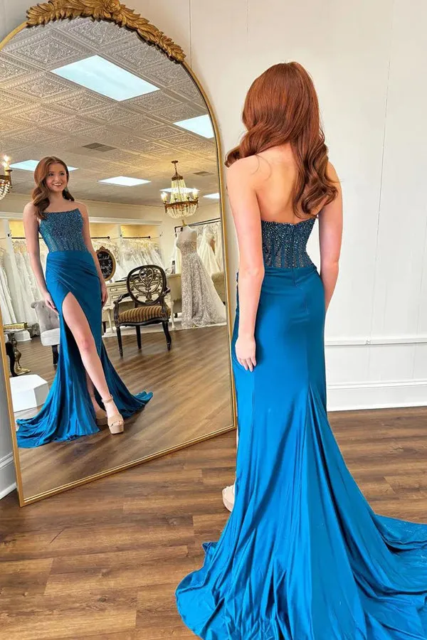 Charming Round Neck Mermaid Blue Prom Dress with Beading PSK606