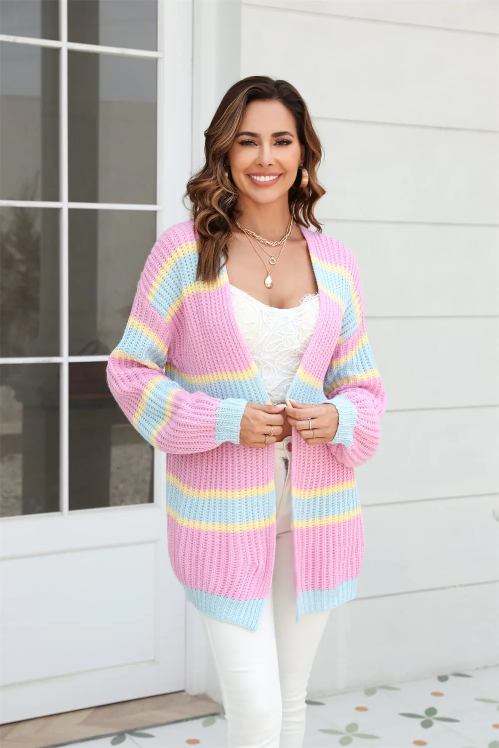 Color Block Ribbed Dropped Shoulder Open Front Cardigan