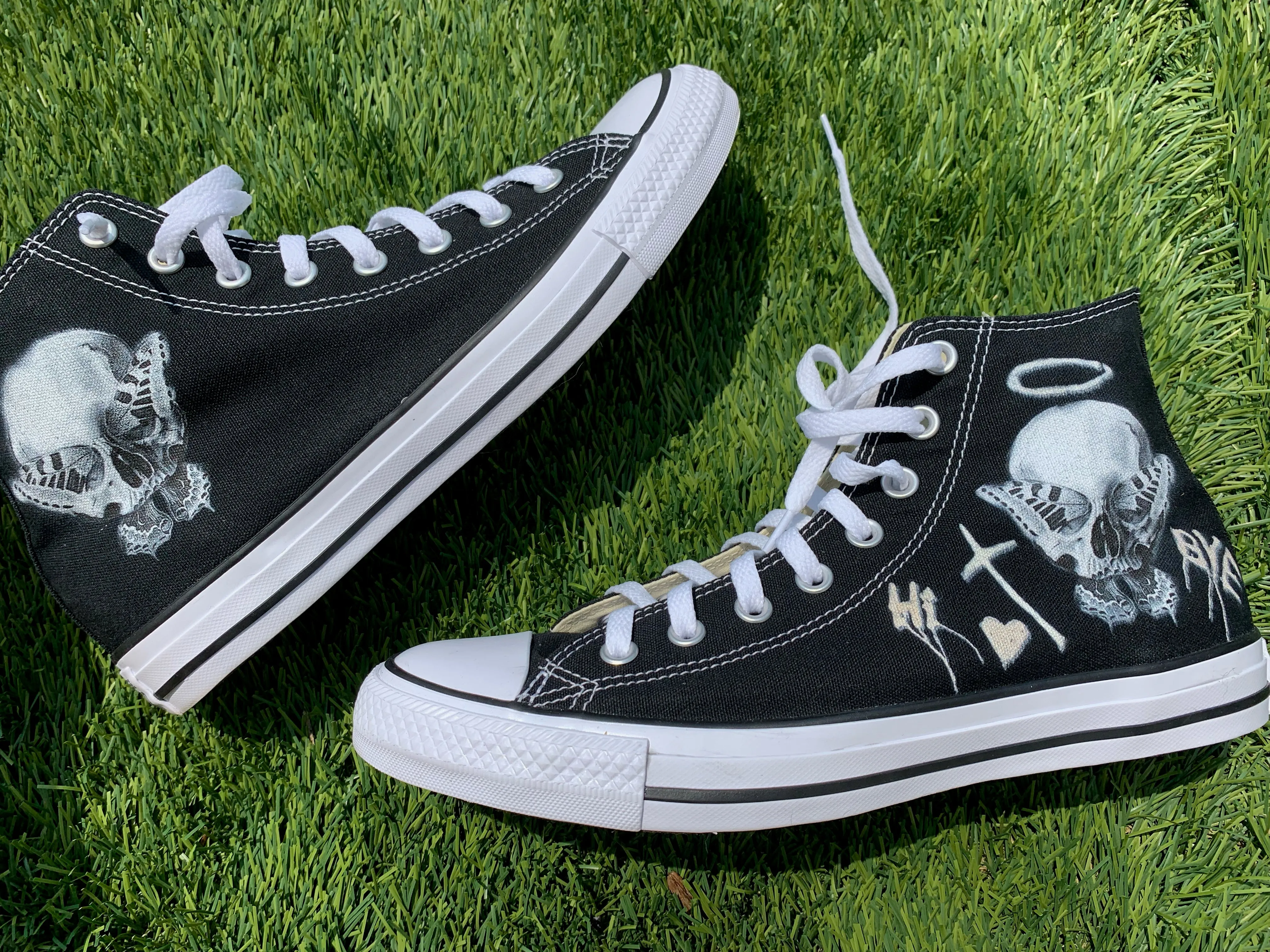 Consequential Clothing x Butterfly Effect Skull - Black High Tops - Custom Converse Shoes