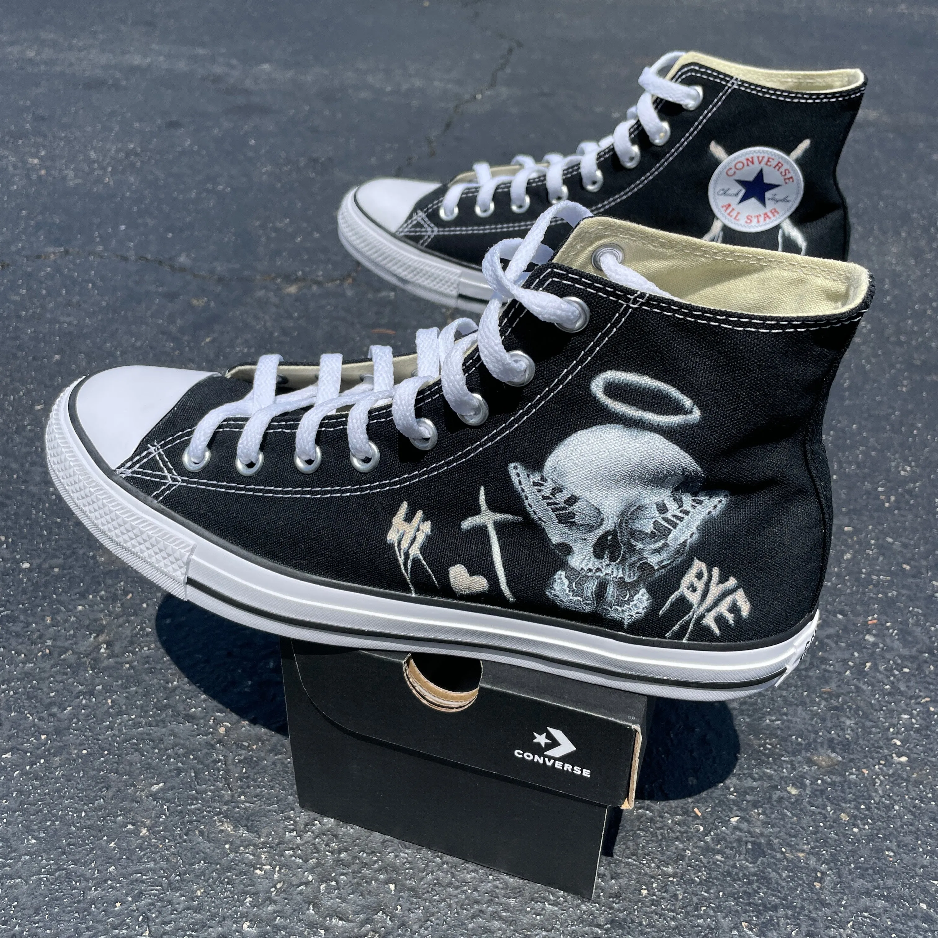 Consequential Clothing x Butterfly Effect Skull - Black High Tops - Custom Converse Shoes