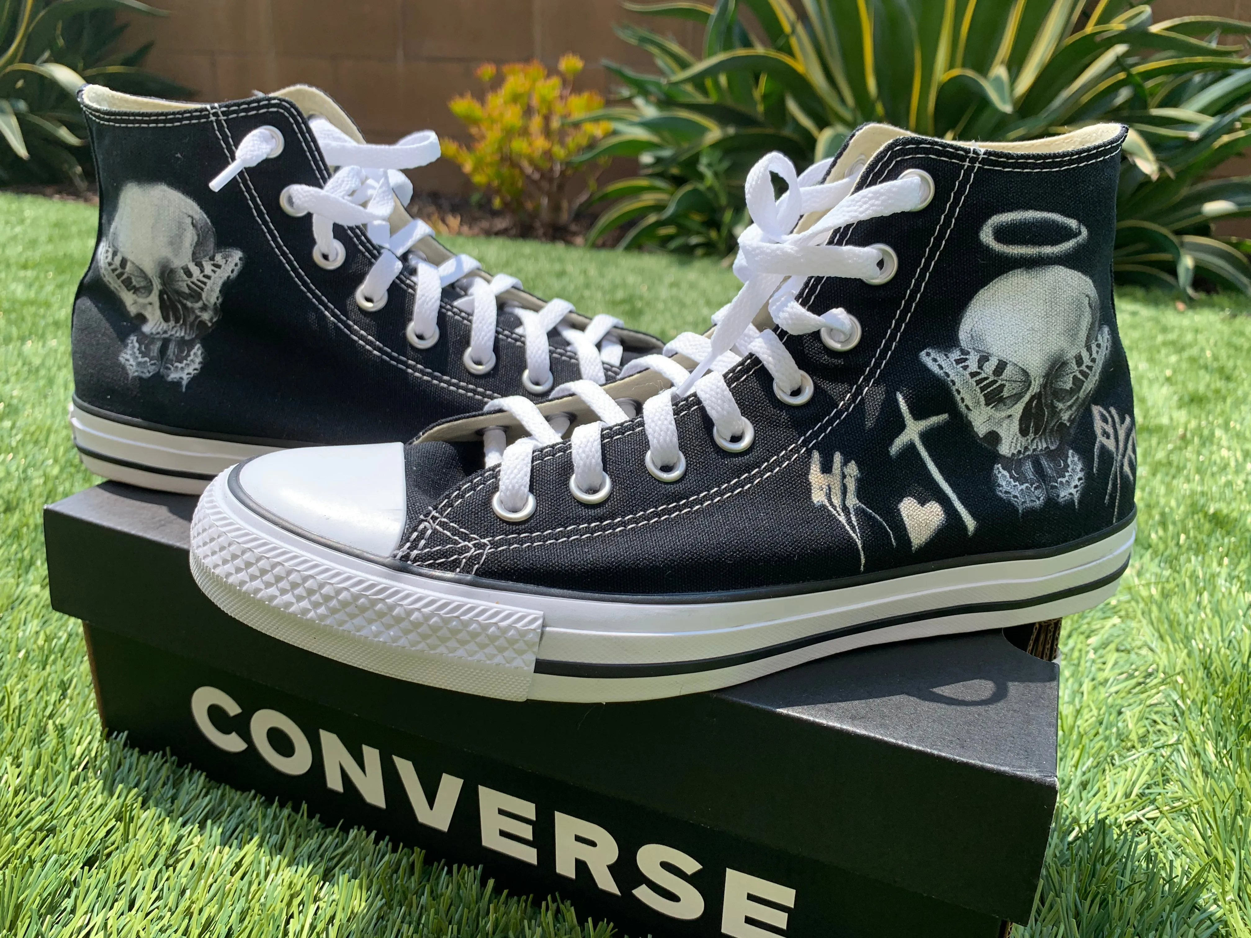 Consequential Clothing x Butterfly Effect Skull - Black High Tops - Custom Converse Shoes