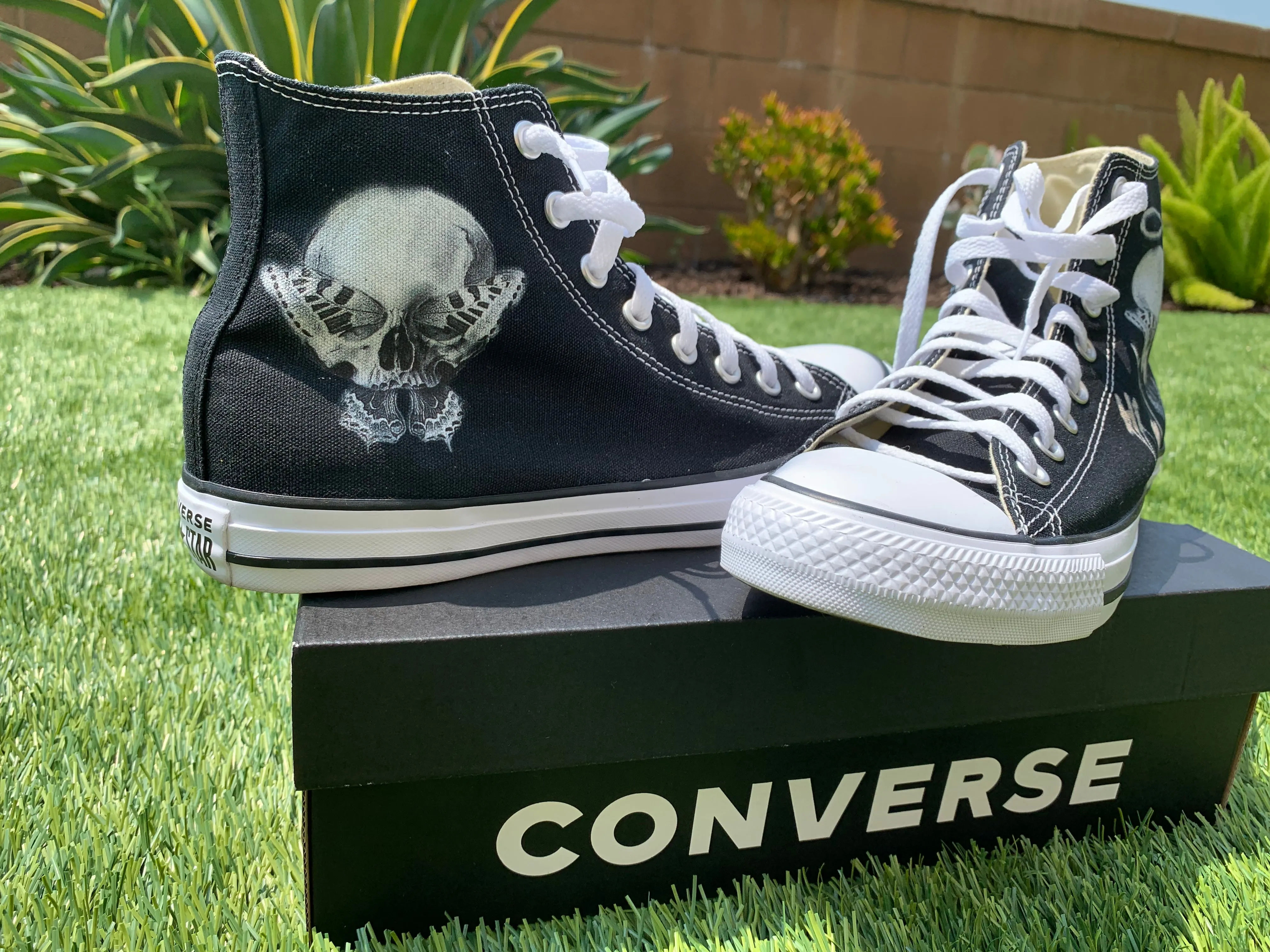 Consequential Clothing x Butterfly Effect Skull - Black High Tops - Custom Converse Shoes