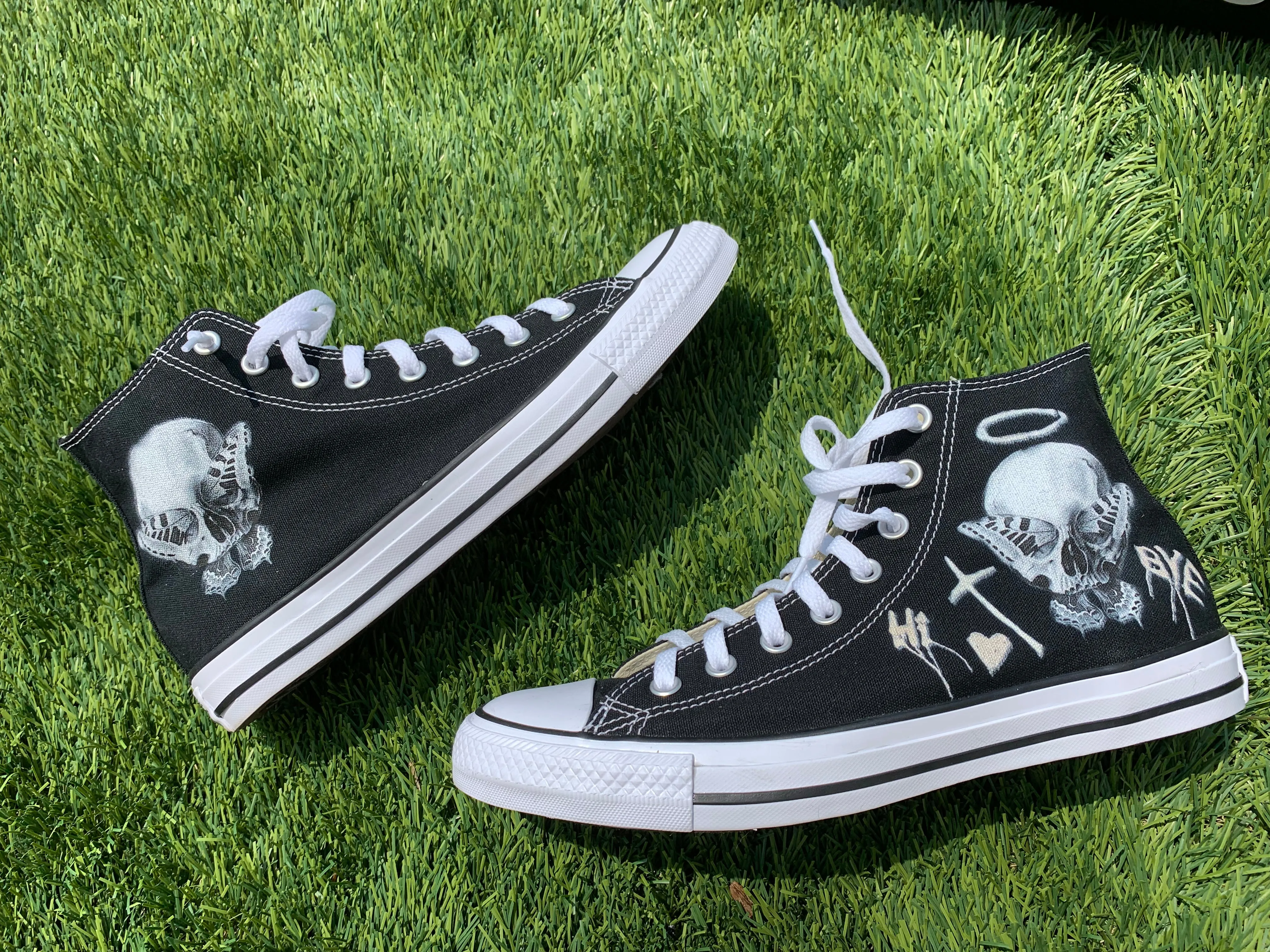 Consequential Clothing x Butterfly Effect Skull - Black High Tops - Custom Converse Shoes