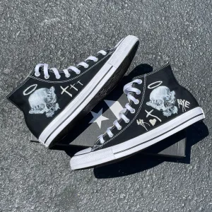 Consequential Clothing x Butterfly Effect Skull - Black High Tops - Custom Converse Shoes