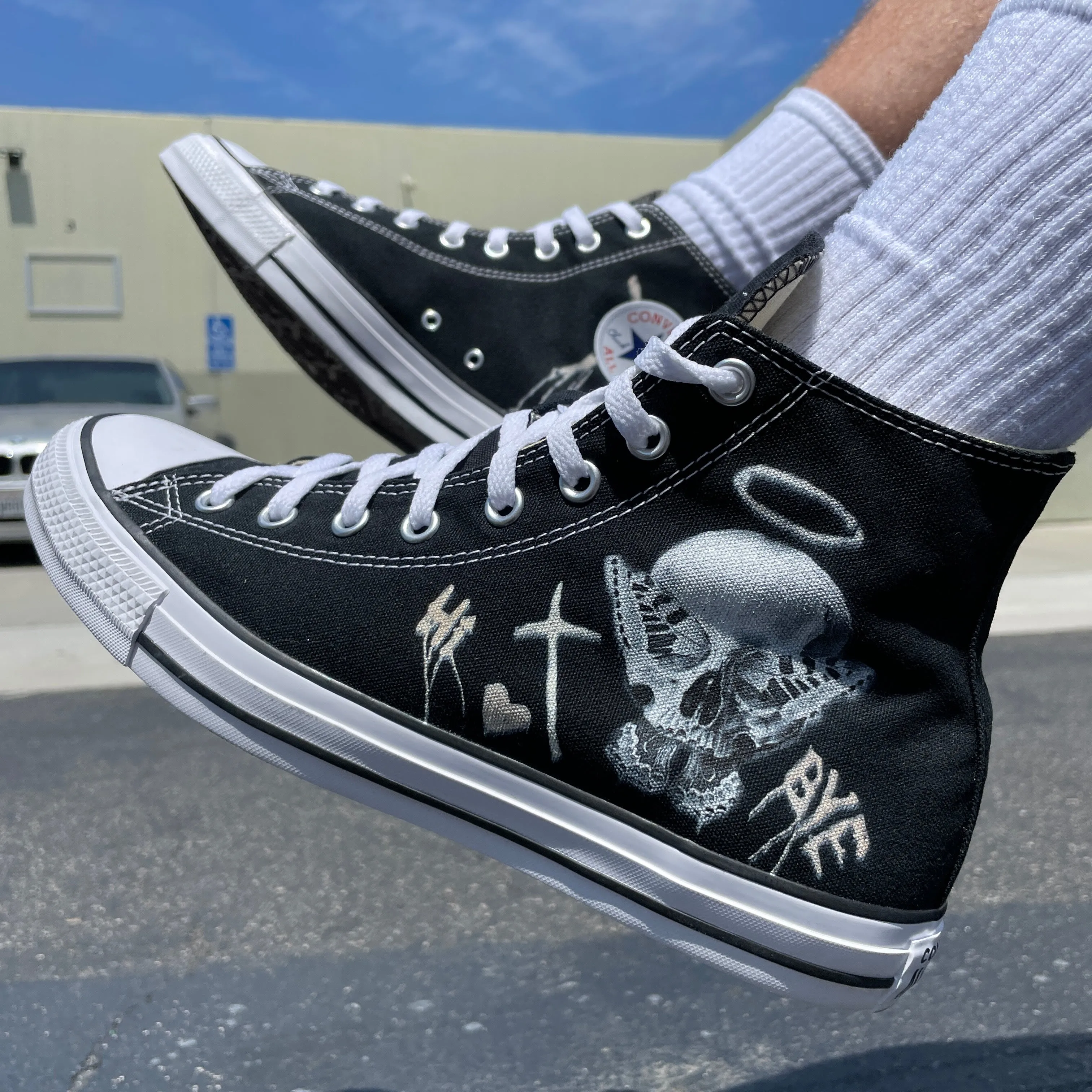 Consequential Clothing x Butterfly Effect Skull - Black High Tops - Custom Converse Shoes