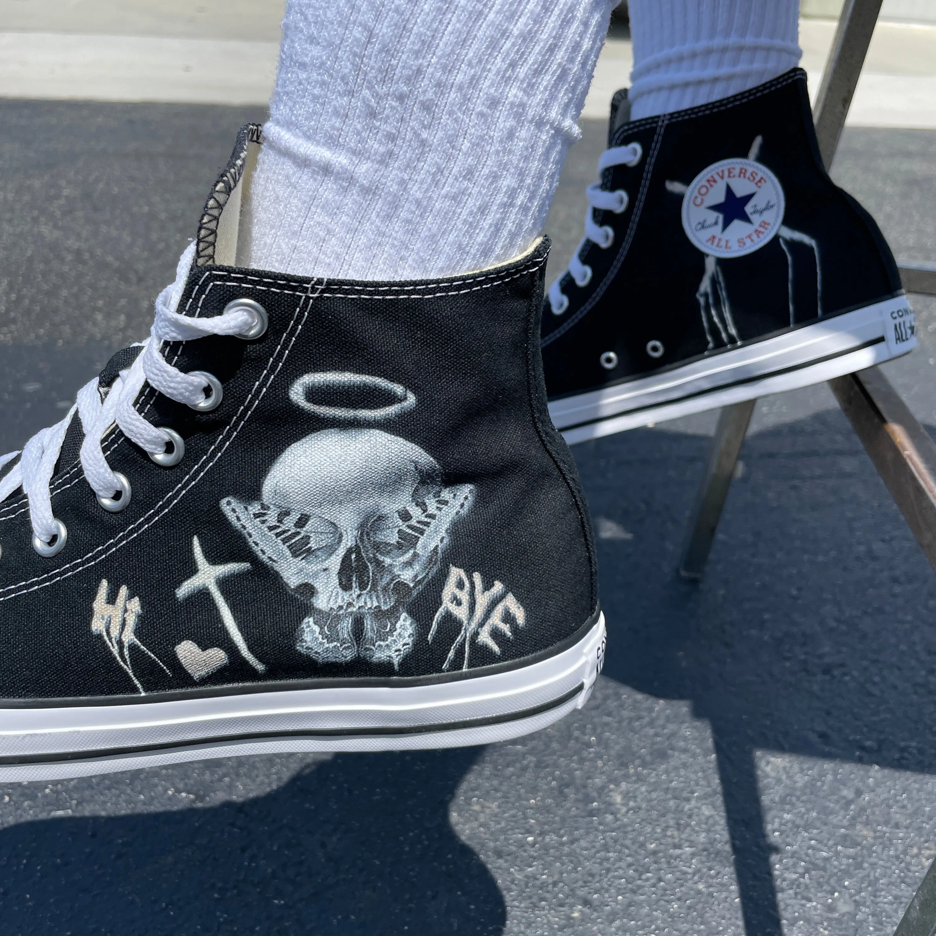 Consequential Clothing x Butterfly Effect Skull - Black High Tops - Custom Converse Shoes