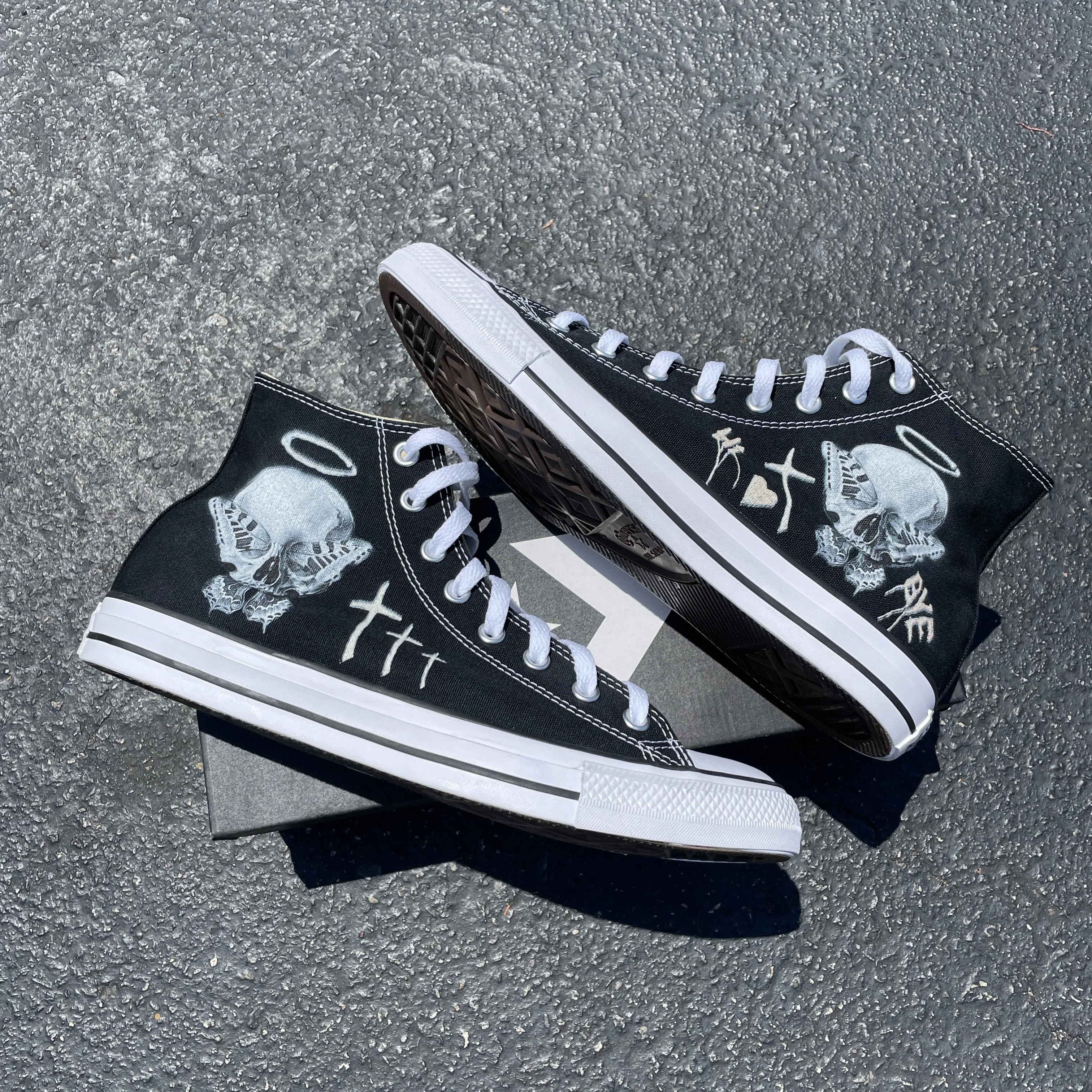 Consequential Clothing x Butterfly Effect Skull - Black High Tops - Custom Converse Shoes