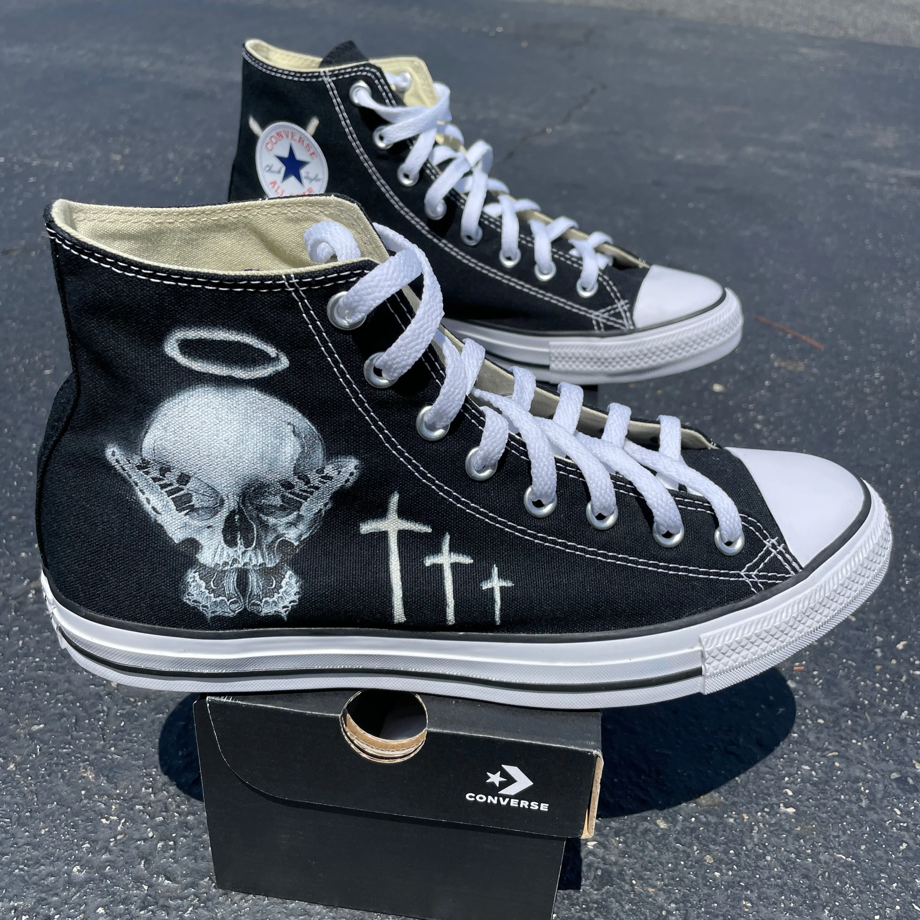 Consequential Clothing x Butterfly Effect Skull - Black High Tops - Custom Converse Shoes