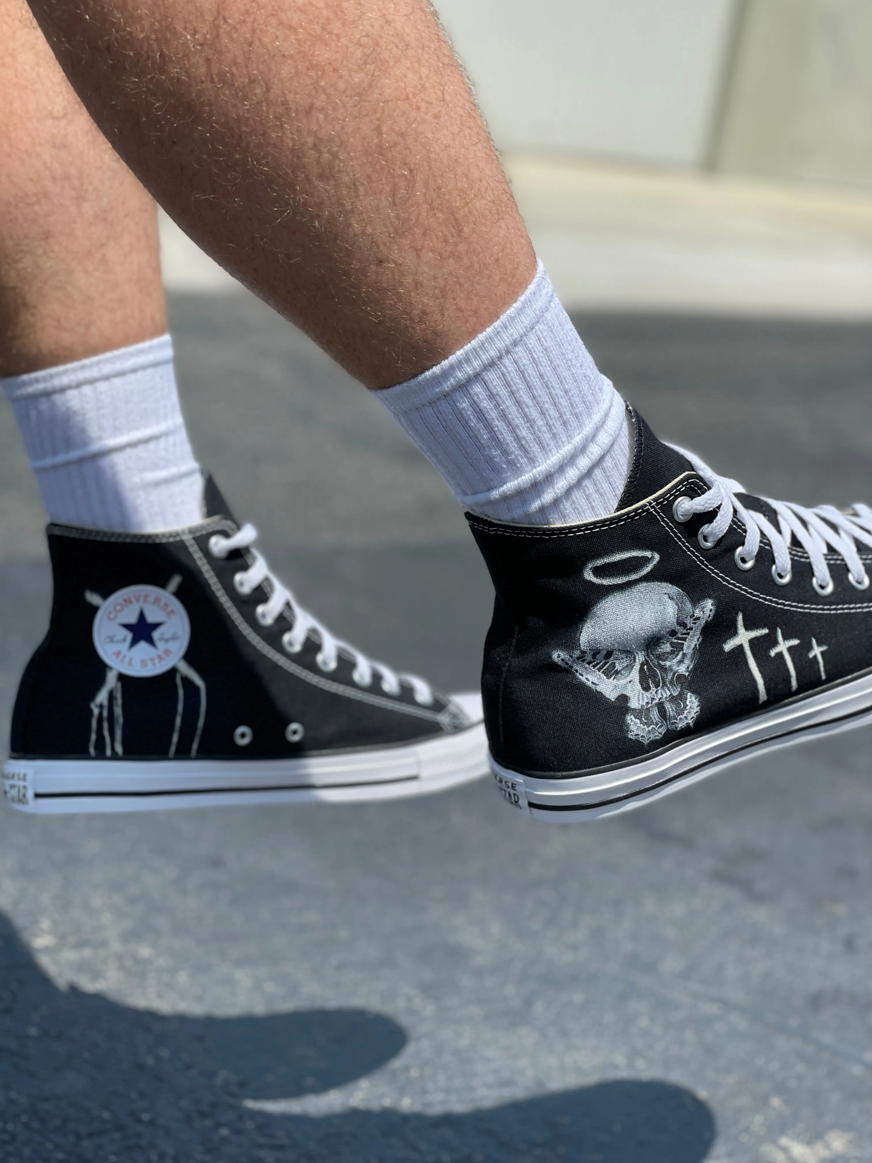 Consequential Clothing x Butterfly Effect Skull - Black High Tops - Custom Converse Shoes